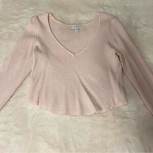 La Hearts Light Pink V-Neck Ribbed Long Sleeve Crop Top